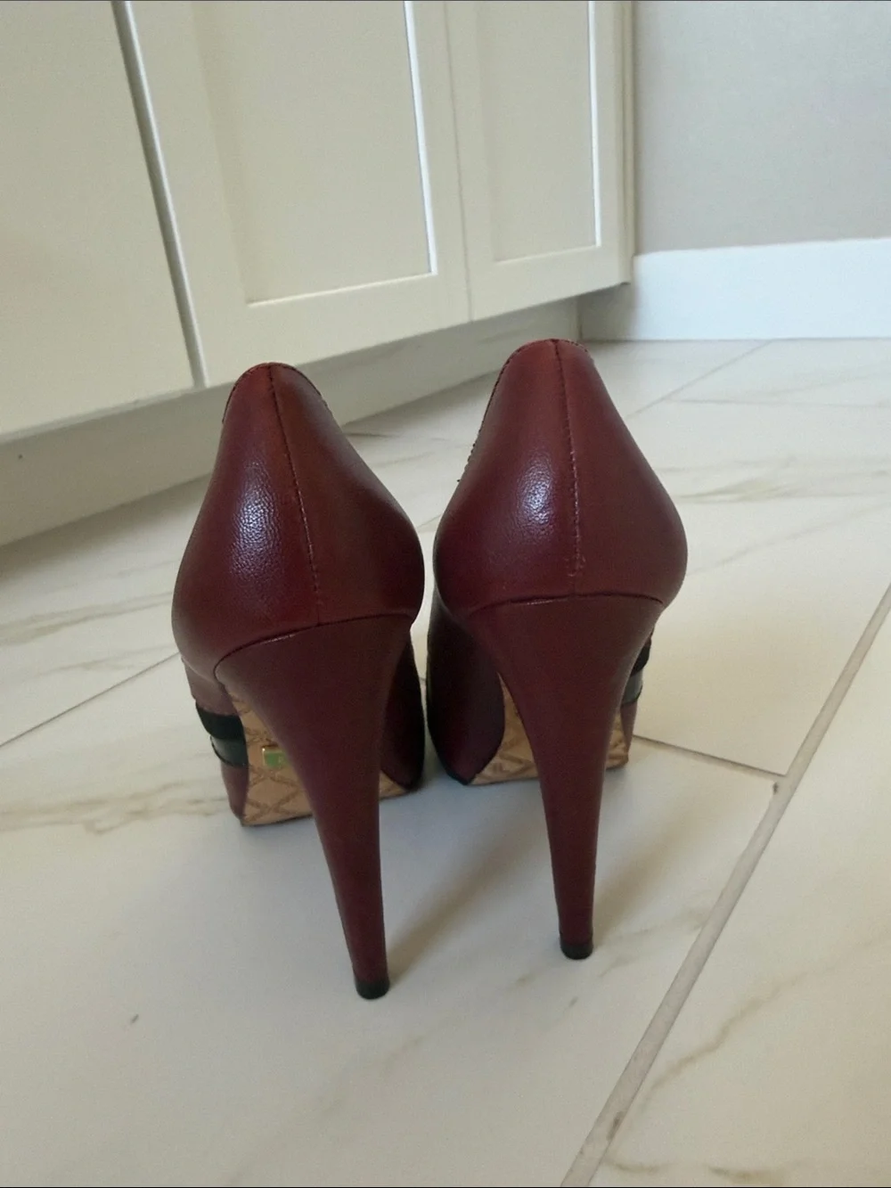L.A.M.B. Burgundy and Black Button-Accent High Heels